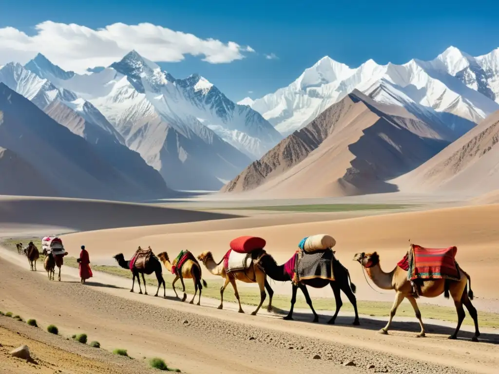 Caravana de camellos en la Ruta de la Seda, entre las montañas Pamir