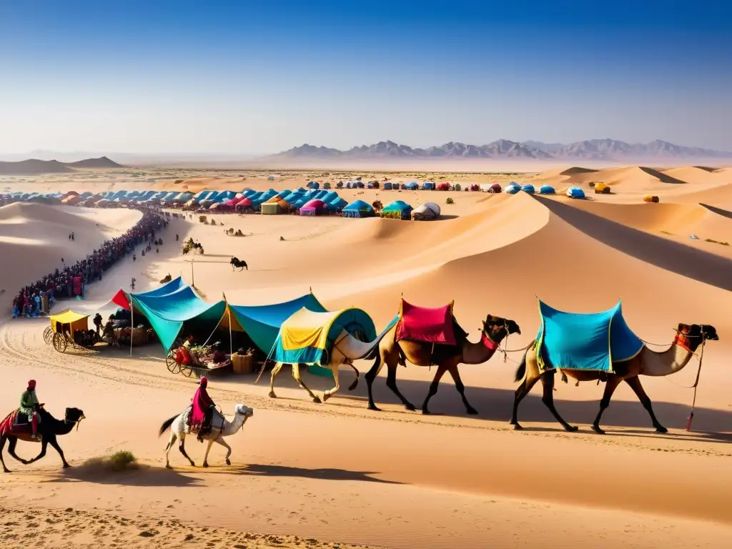 Una caravana comercial mongola se extiende por el árido desierto, con mercaderes negociando bajo el sol