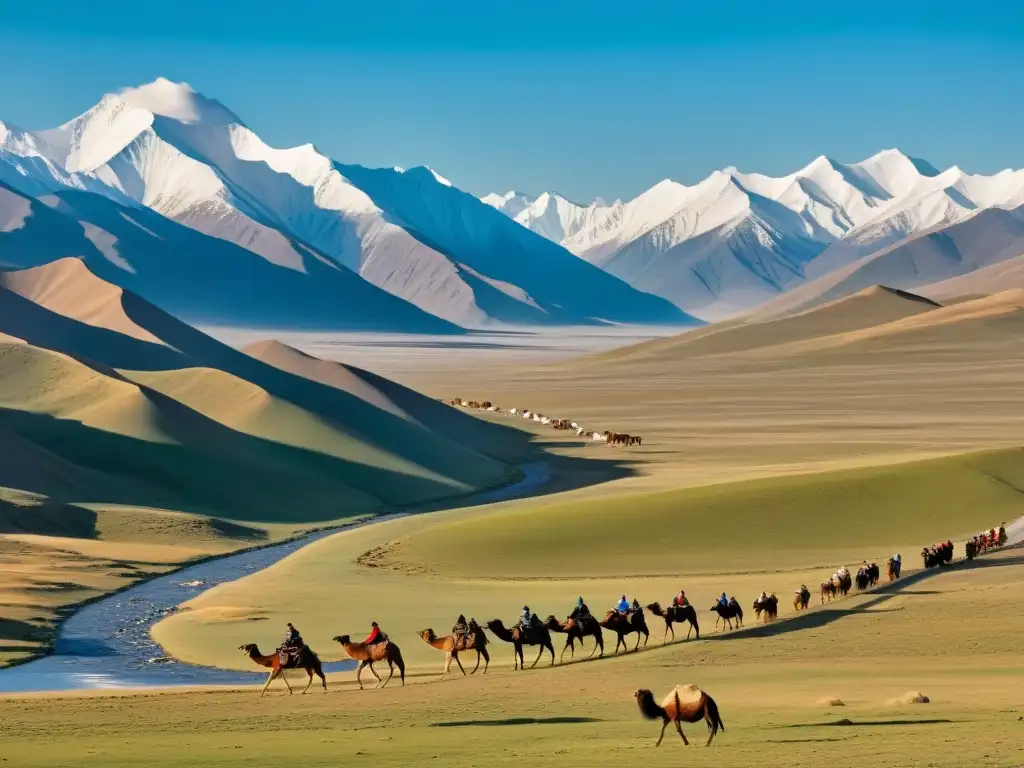 Caravana de comerciantes y camellos en las rutas comerciales secundarias del Imperio Mongol, con paisaje montañoso al fondo