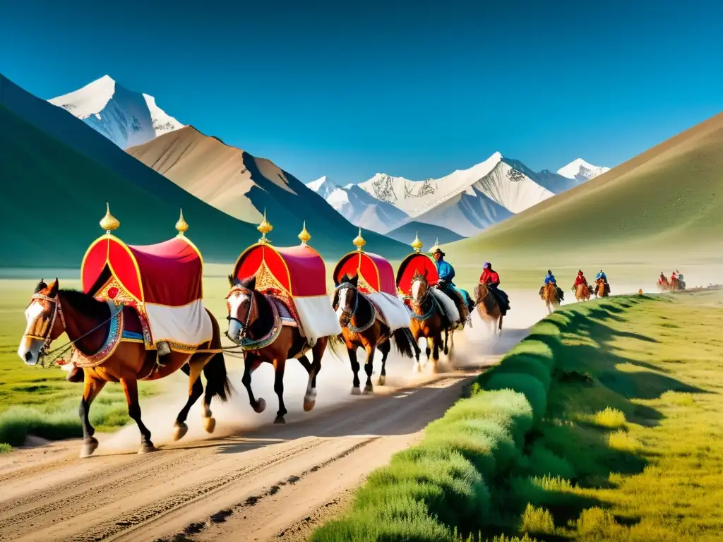 Una caravana de comerciantes mongol en la Ruta de la Seda, rodeada de exóticas mercancías, en medio de los imponentes paisajes de las montañas Altai