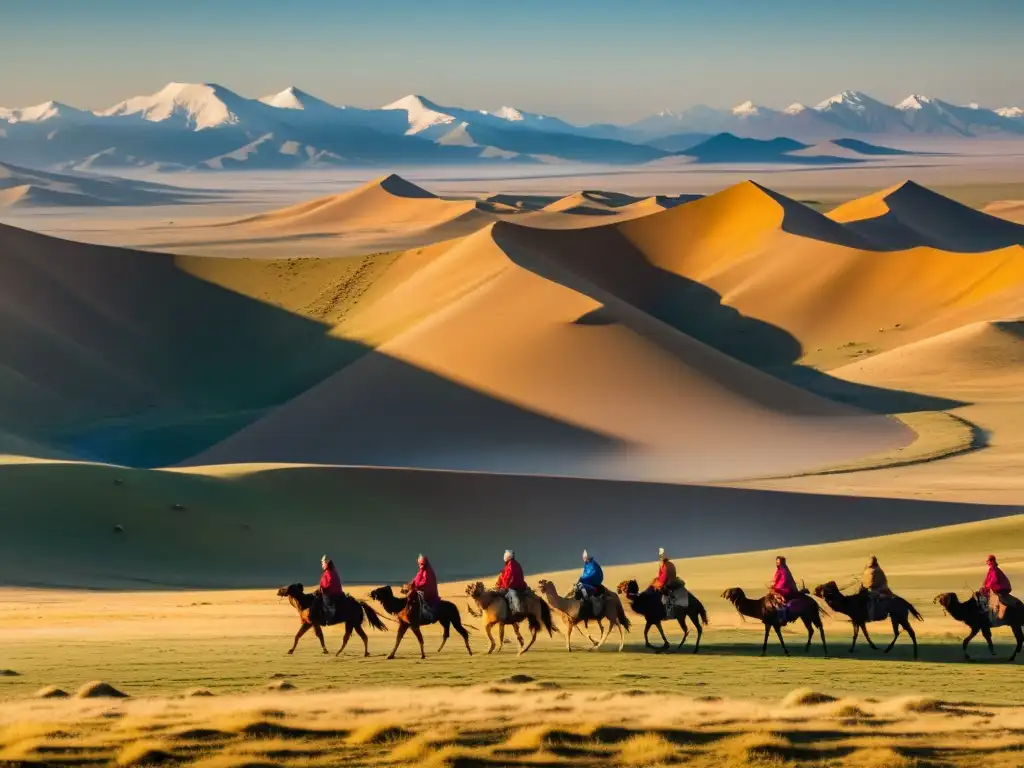 Caravana de comerciantes mongoles en la vasta estepa al atardecer, mostrando desafíos logísticos en el Imperio Mongol