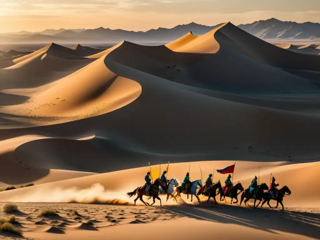 Caravana de guerreros mongoles a caballo en expansión hacia el Este en el desierto al atardecer