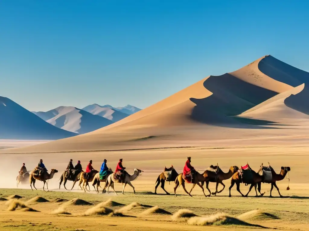 Caravana de mercantes y camellos en la vasta estepa mongola, evocando el espíritu aventurero de las rutas comerciales menores mongolas tesoro