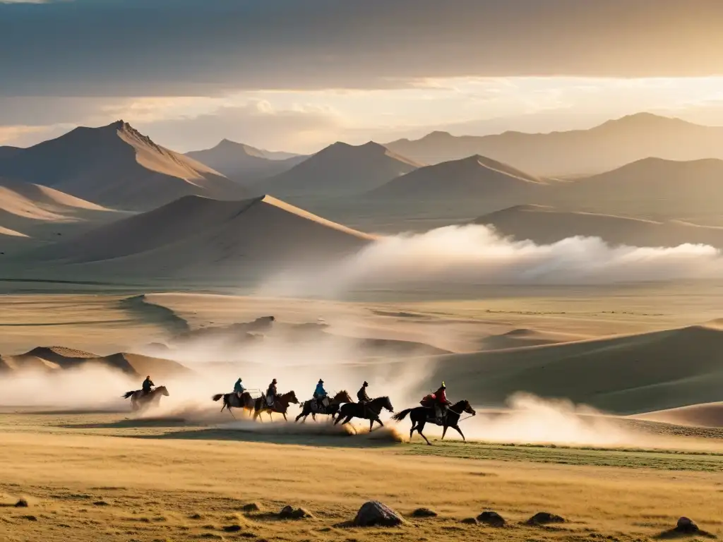 Caravana en ruta comercial menor del Imperio Mongol, recorriendo paisaje montañoso y árido al atardecer