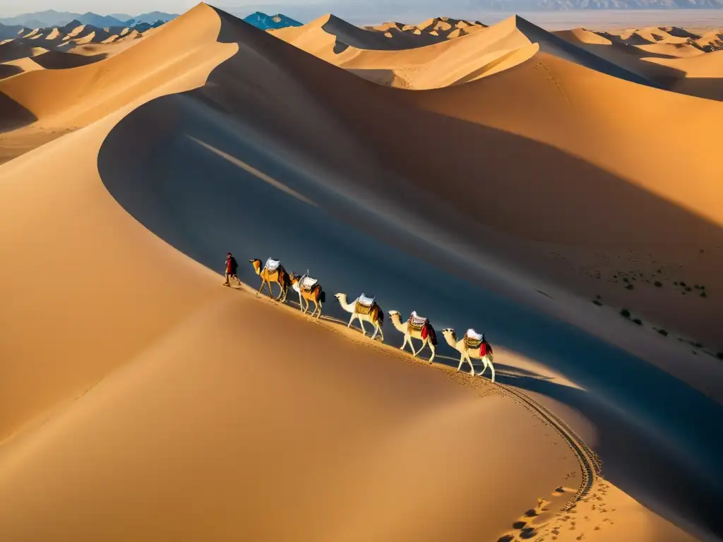 Caravanas de camellos recorriendo la antigua Ruta de la Seda, con montañas y desierto bañados por la luz dorada