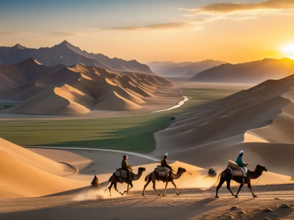 Caravanas de camellos recorren la antigua Ruta de la Seda, con montañas imponentes y un puesto de avanzada mongol en el horizonte