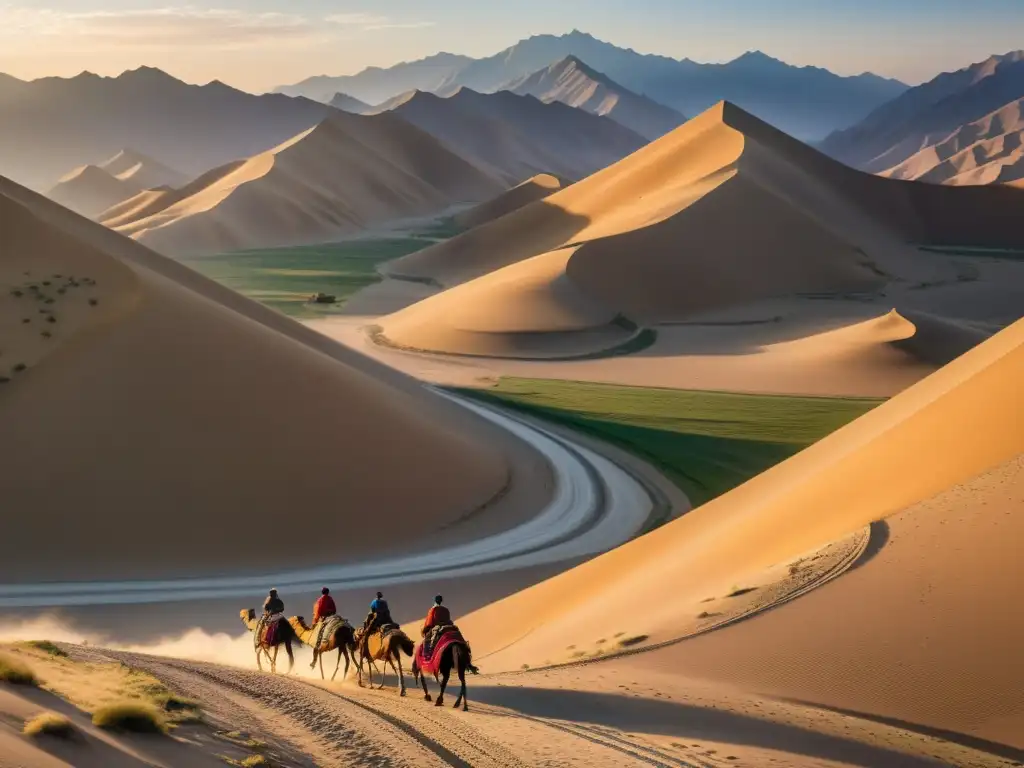 Caravanas de camellos y comerciantes en la antigua Ruta de la Seda, mostrando el impacto económico del Imperio Mongol en el comercio mundial