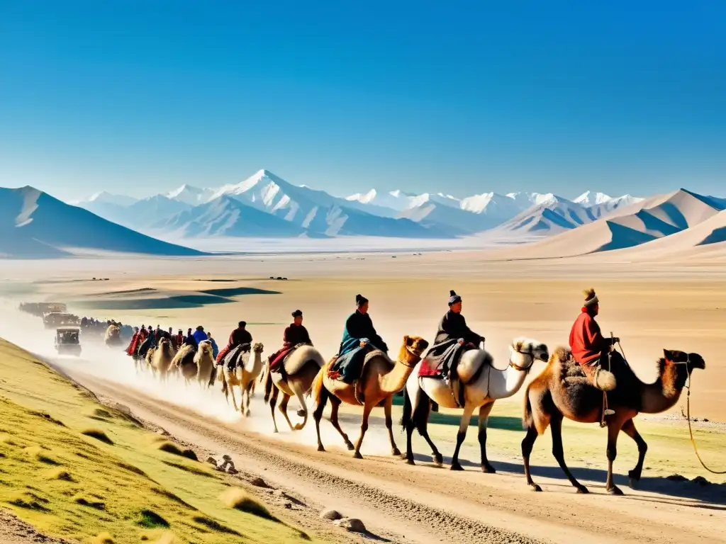 Caravanas y comerciantes en la vasta red de rutas comerciales del Imperio Mongol, entre montañas y cielos azules