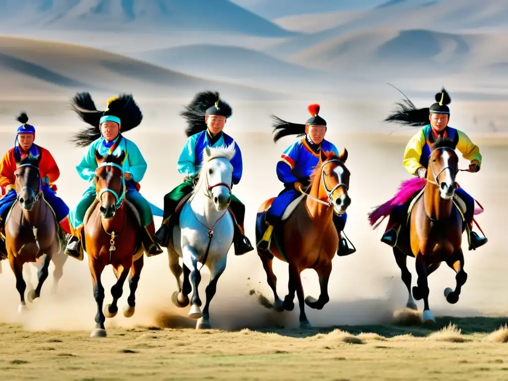 Carreras de caballos Mongolia: Caballos adornados corren en la estepa mientras jinetes compiten en emocionante carrera