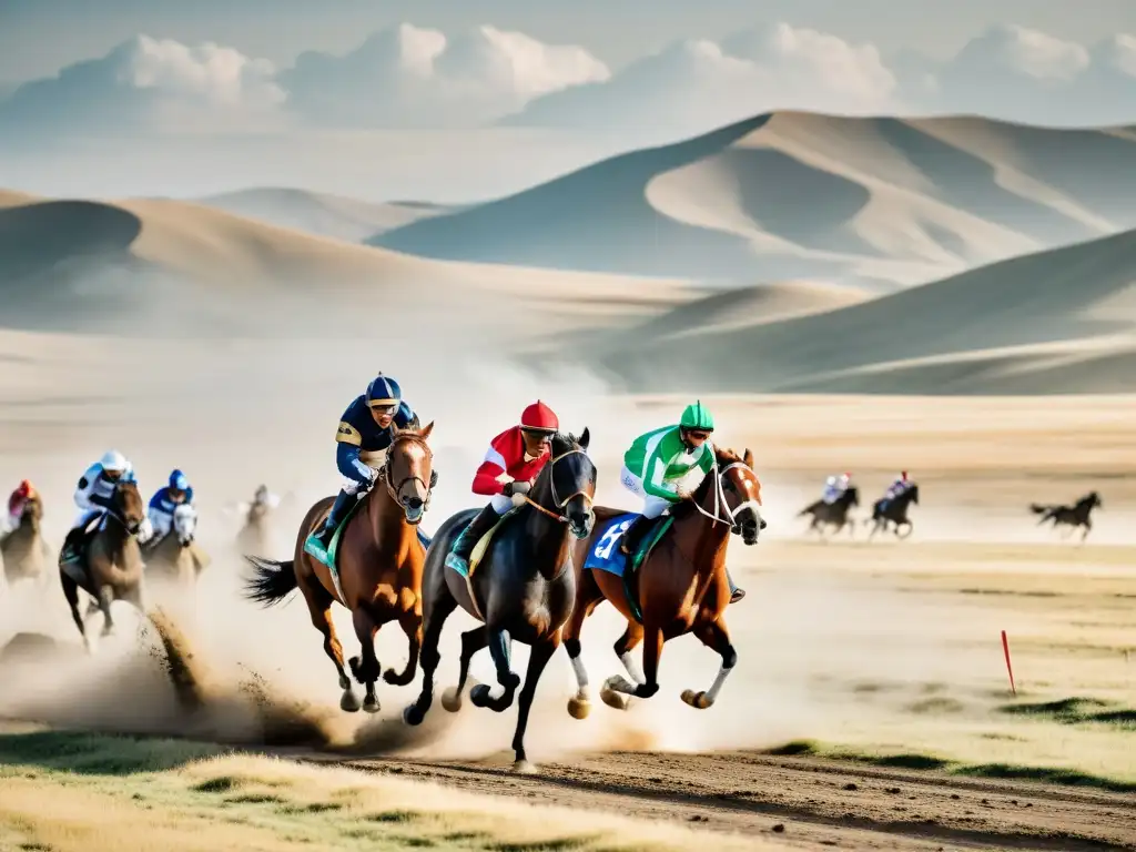 Carreras de caballos Mongolia: Competencia intensa en las vastas estepas, con jinetes y caballos en plena acción, levantando nubes de polvo