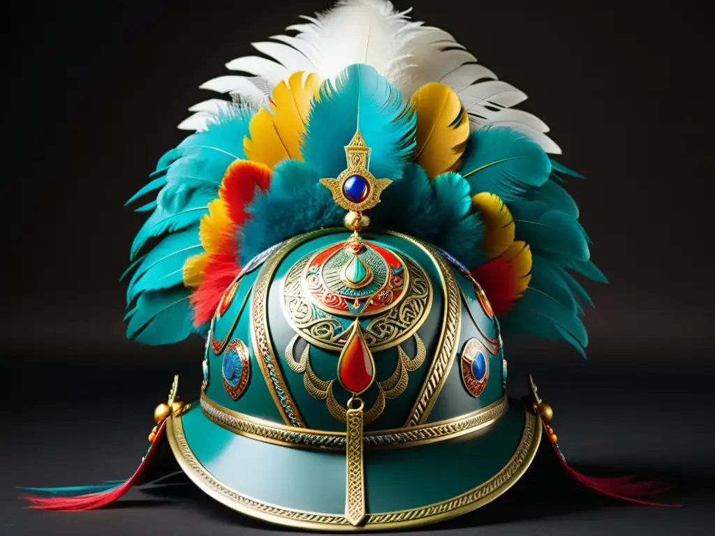 Un casco de guerra mongol con adornos detallados y plumas vibrantes, simbolizando el significado de las decoraciones en armas mongolas