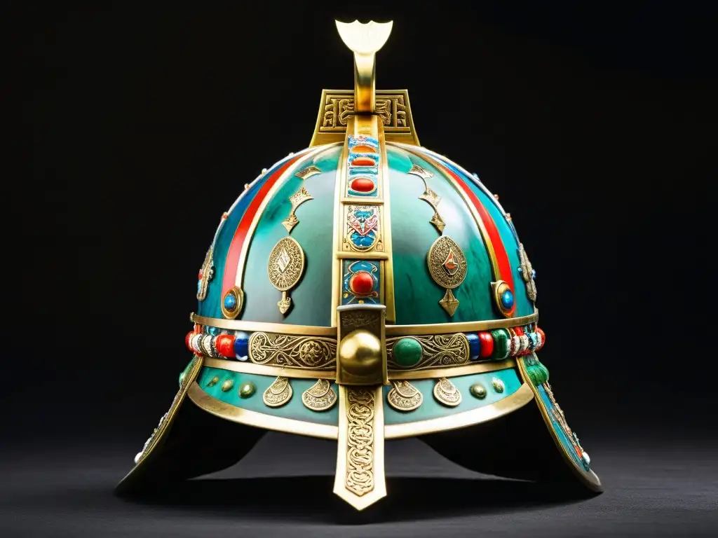 Un casco de guerra mongol ornamentado y bien conservado, con detalles intrincados y grabados históricos, sobre fondo oscuro