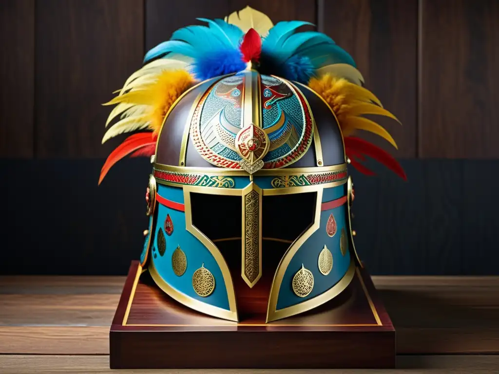 Un casco de guerrero mongol adornado con grabados detallados y plumas coloridas sobre un soporte de madera oscura