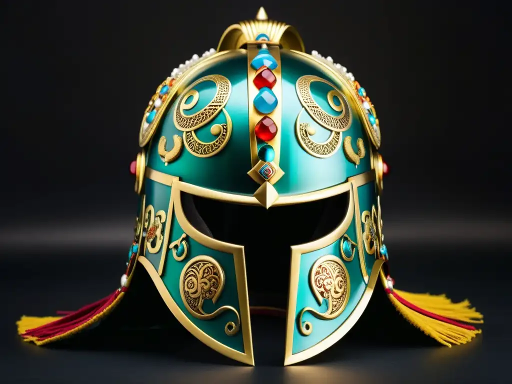 Un casco de guerrero mongol auténtico, ricamente decorado con símbolos y patrones, muestra la artesanía del Imperio Mongol