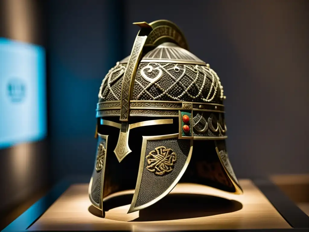 Un casco de guerrero mongol bien conservado exhibido en un museo con iluminación tenue