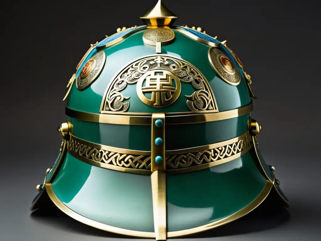 Un casco de guerrero mongol bellamente conservado, con diseños tradicionales y símbolos del Imperio Mongol