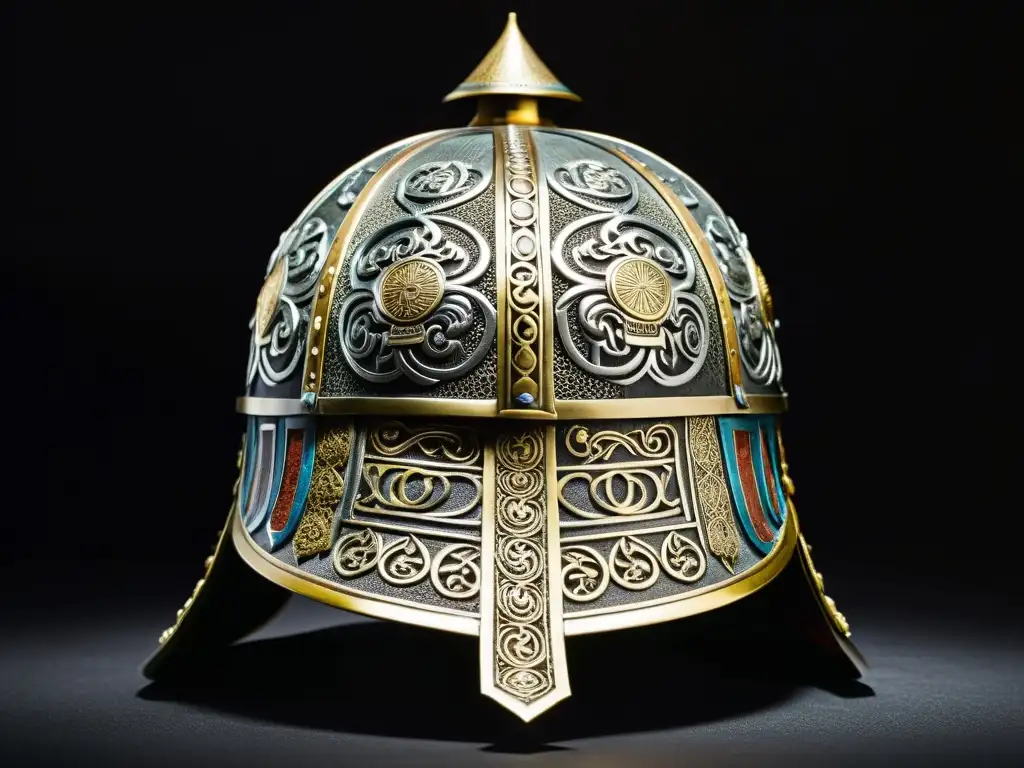 Un casco de guerrero mongol, con grabados detallados en forma cónica, destacando la influencia del Imperio Mongol