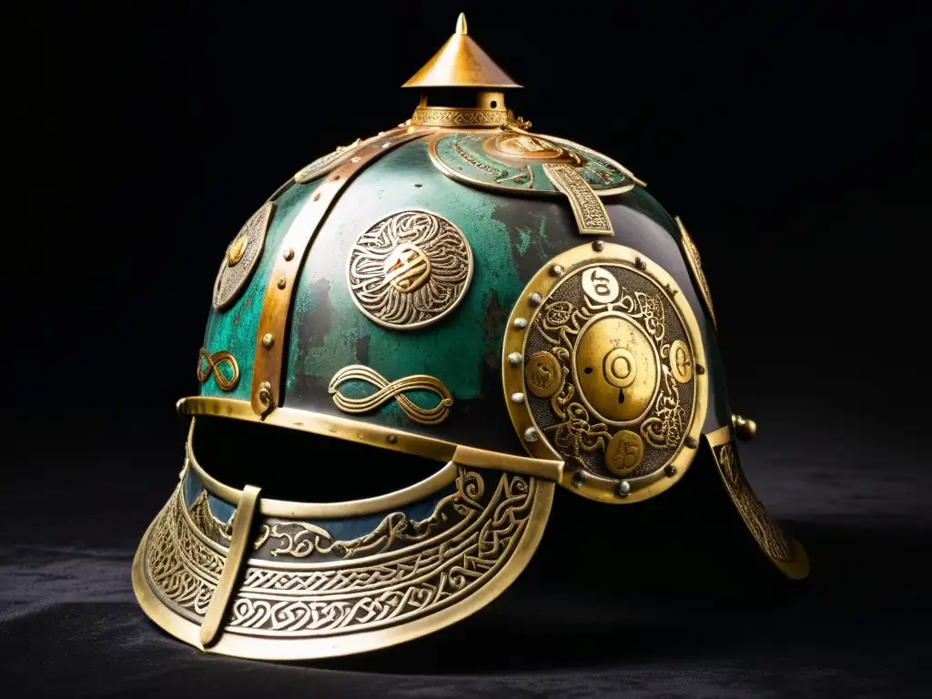 Un casco mongol antiguo y auténtico, con patrones e historia grabados en su superficie, envuelto en dramática iluminación sobre terciopelo negro