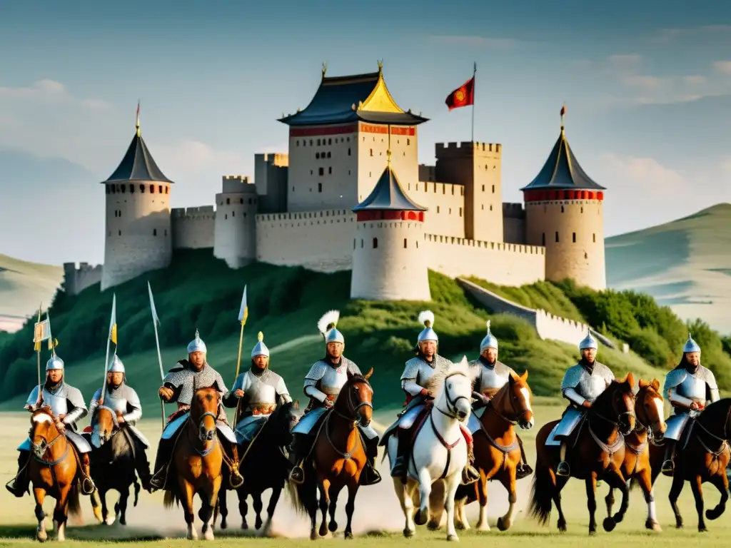 Un castillo medieval imponente rodeado de guerreros mongoles a caballo, reflejando la tensión entre el Imperio Mongol y Europa