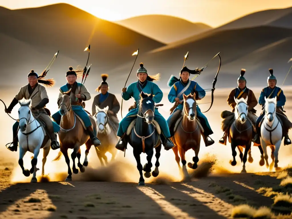 Caza y fauna en Mongolia: Grupo de cazadores mongoles a caballo persiguiendo a los gacelas en la estepa, con los imponentes Montes Altai al fondo