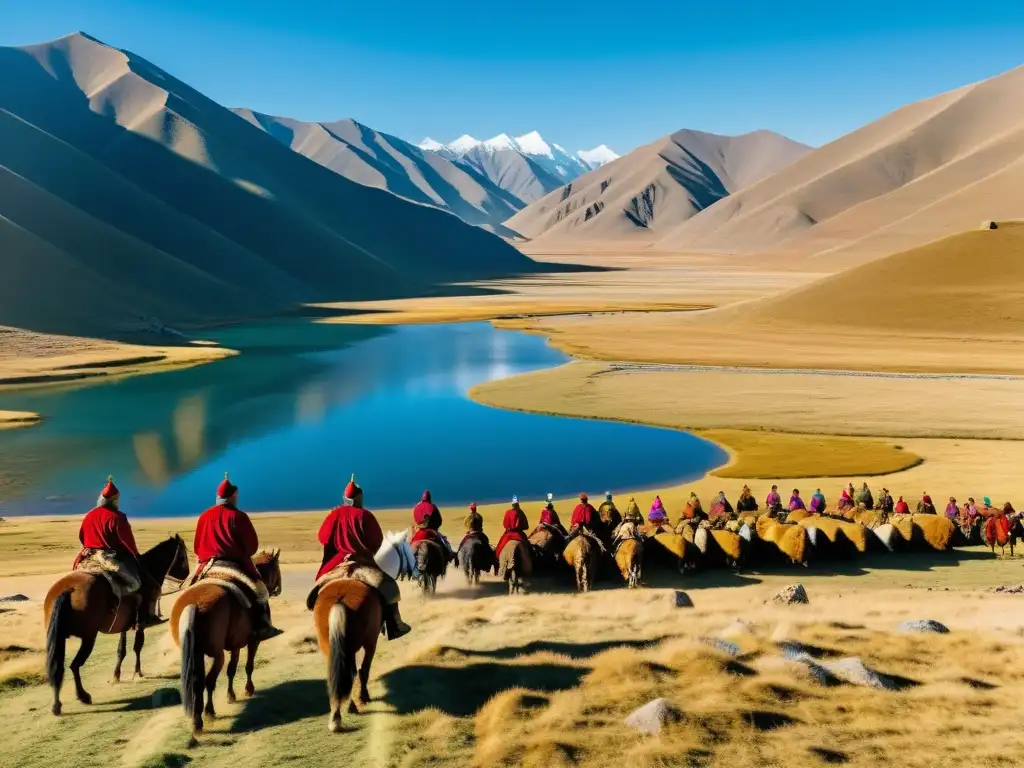 Caza tradicional de águilas en Mongolia: Majestuosos cazadores mongolos a caballo con águilas doradas, en un valle vasto y montañoso