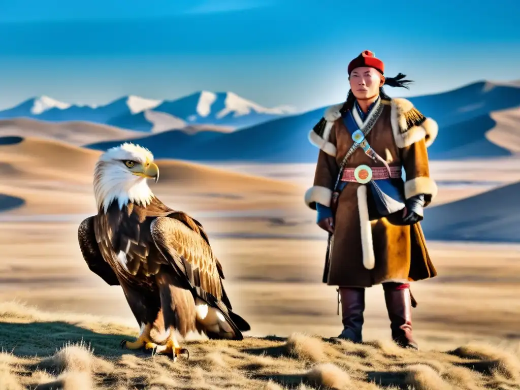 Caza tradicional de águilas en Mongolia: Majestuoso cazador con su águila dorada en la estepa mongola