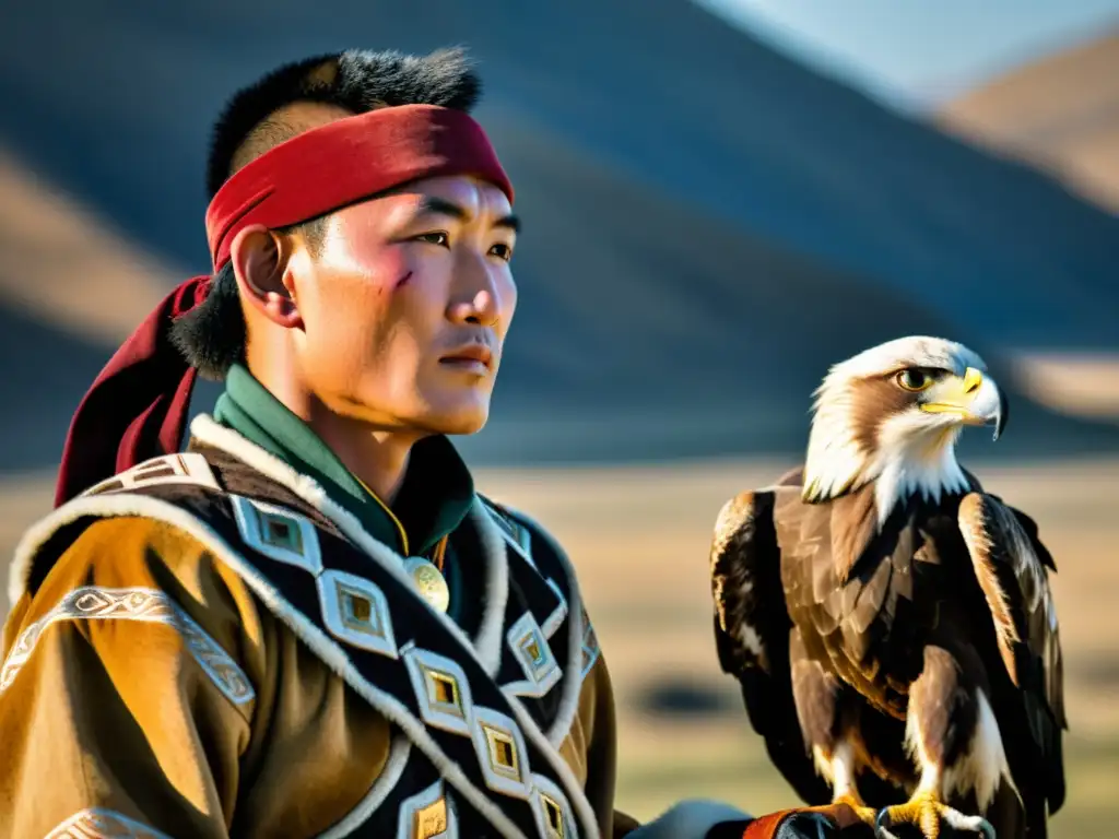 Un cazador de águilas de Mongolia, ataviado con ropa tradicional, sostiene un majestuoso águila dorada en la vasta estepa mongola