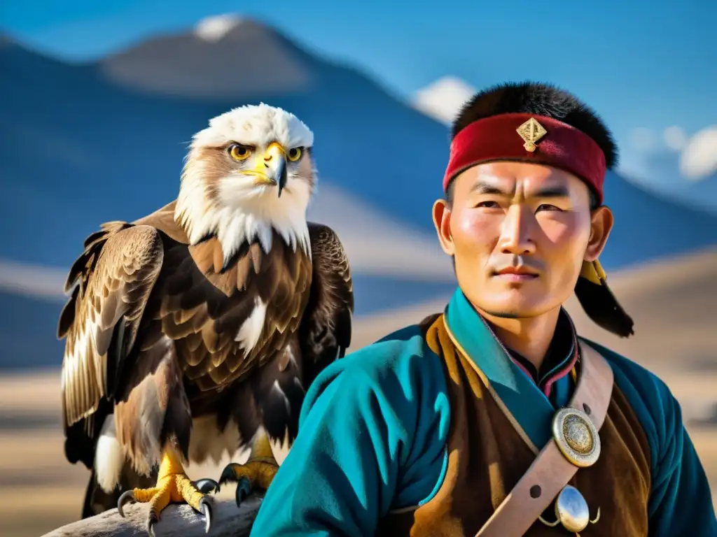 Un cazador de águilas de Mongolia con su majestuoso águila dorada, retratando la tradición y el arte de la cetrería en Mongolia