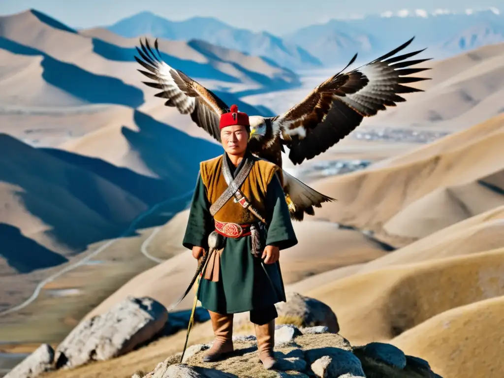 Un cazador de águilas en Mongolia, con su majestuoso águila dorada, en lo alto de una montaña