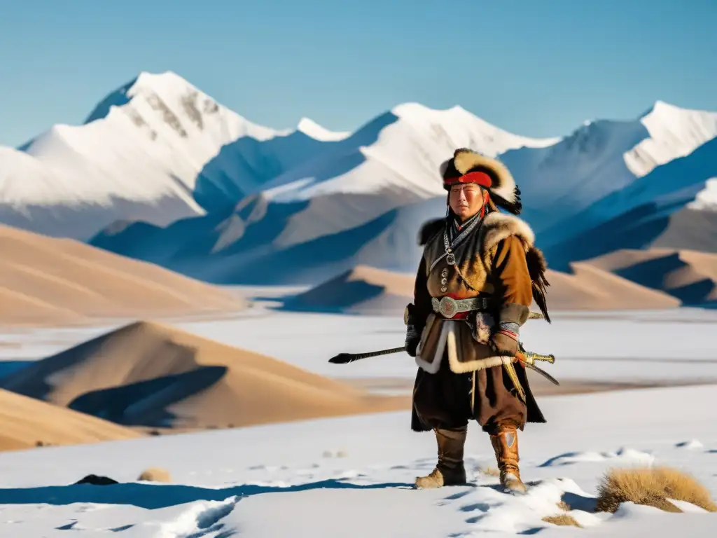 Un cazador de águilas de Mongolia con su majestuoso águila dorada, en perfecta armonía con la naturaleza salvaje