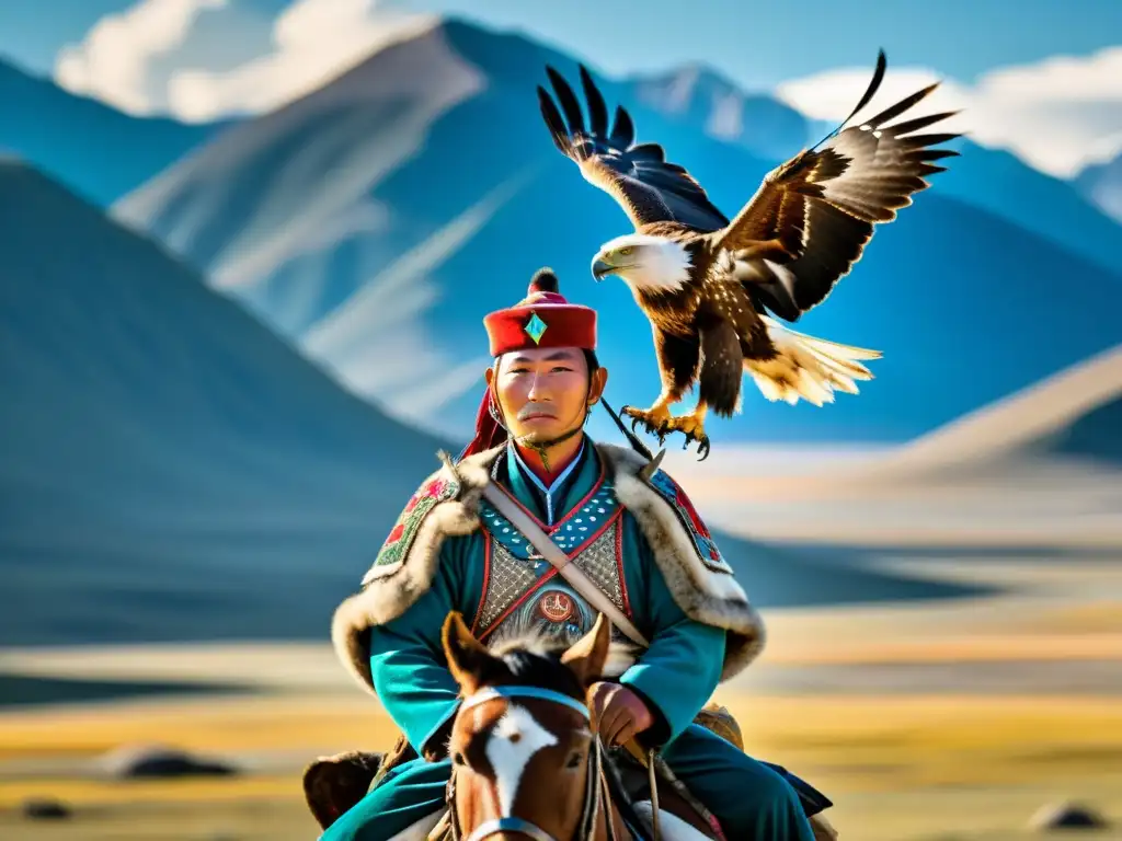 Un cazador de águilas de Mongolia, montado a caballo con su majestuoso águila dorada, en el imponente paisaje de las Montañas Altai