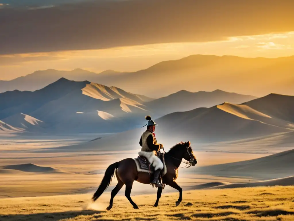 Un cazador de águilas en la estepa mongol, con su águila real, montado a caballo al atardecer