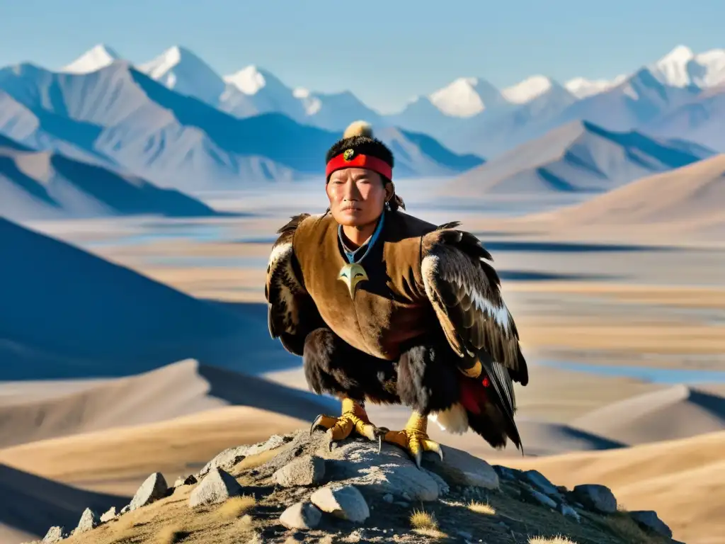 Un cazador de águilas tradicional de Mongolia con su águila dorada en un paisaje montañoso, evocando la esencia del Festival de Águilas en BayanÖlgii