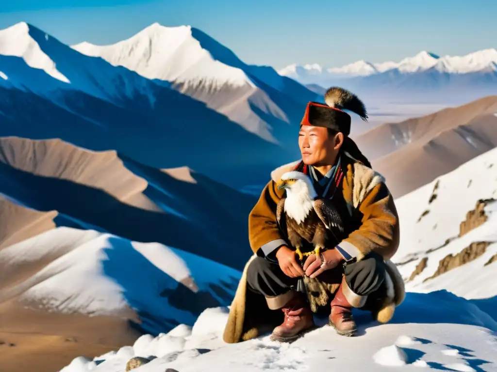 Un cazador de águilas tradicional de Mongolia, con su águila en el brazo, en una escena impresionante de caza en la montaña