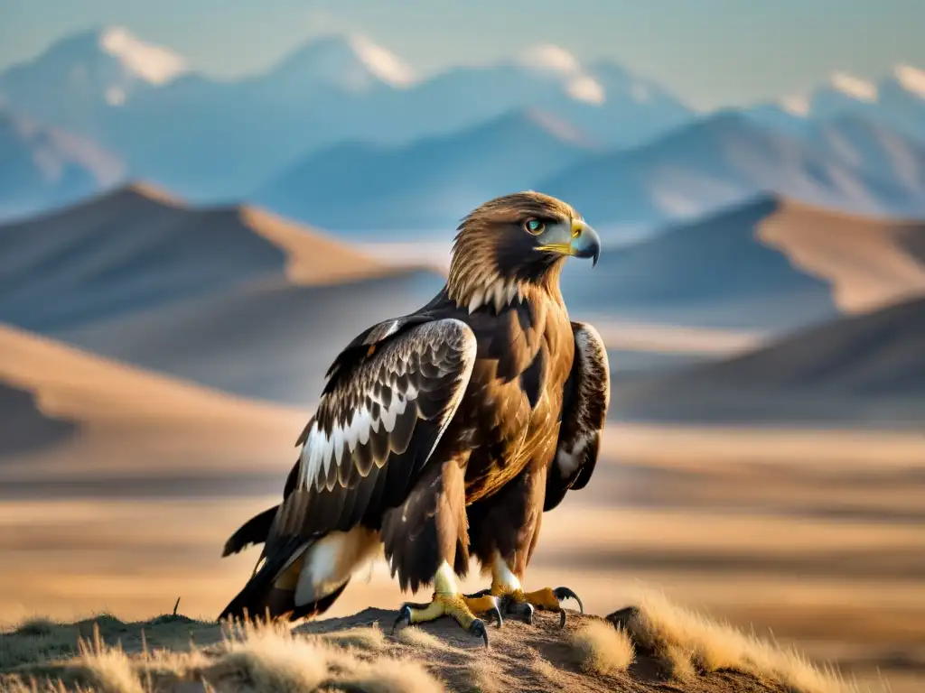 Un cazador kazajo con su águila real en la estepa mongola, conviviendo con cazadores kazajos