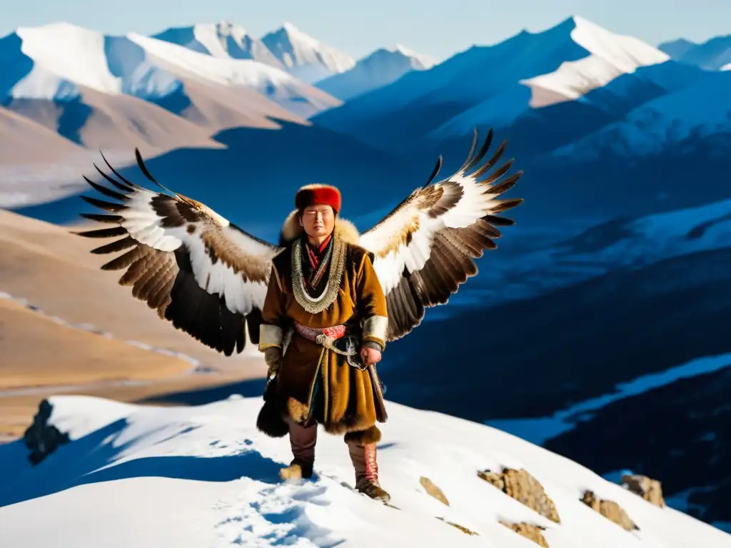 Un cazador de águilas mongol en la cima de una montaña nevada con su majestuoso águila dorada