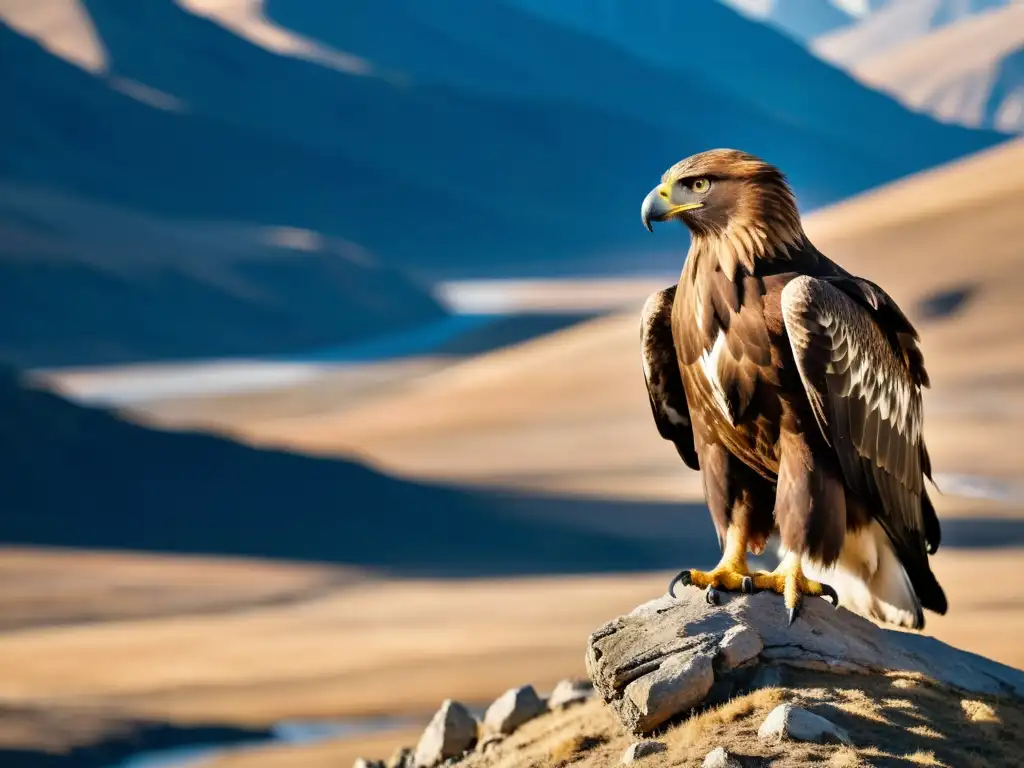 Un cazador mongol sostiene un águila dorada en su brazo, con los montes Altai de fondo