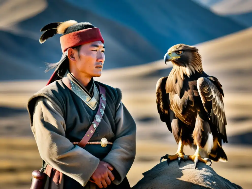 Un cazador mongol con su águila dorada, reflejando la tradición de caza de águilas en Mongolia