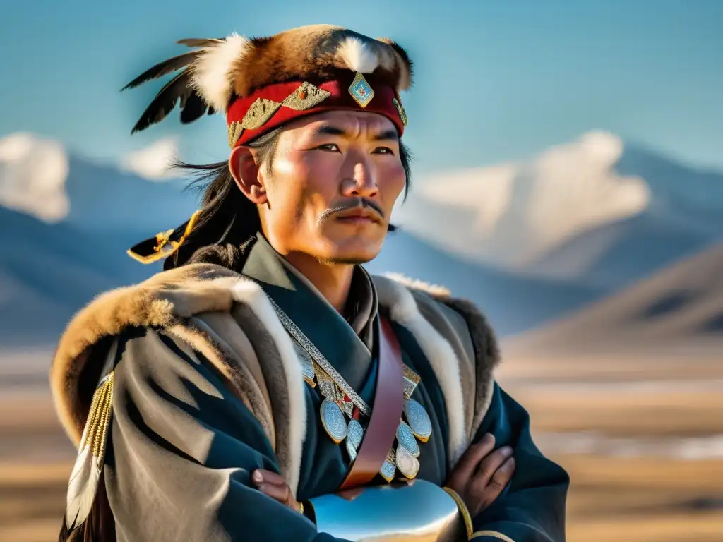 Un cazador de águilas mongol se yergue en la estepa, con las majestuosas montañas de Altái al fondo