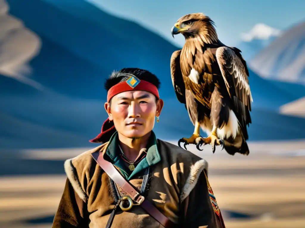 Cazador de águilas mongol con su majestuoso águila dorada, en las Montañas Altai, capturando la esencia de la caza tradicional de águilas en Mongolia