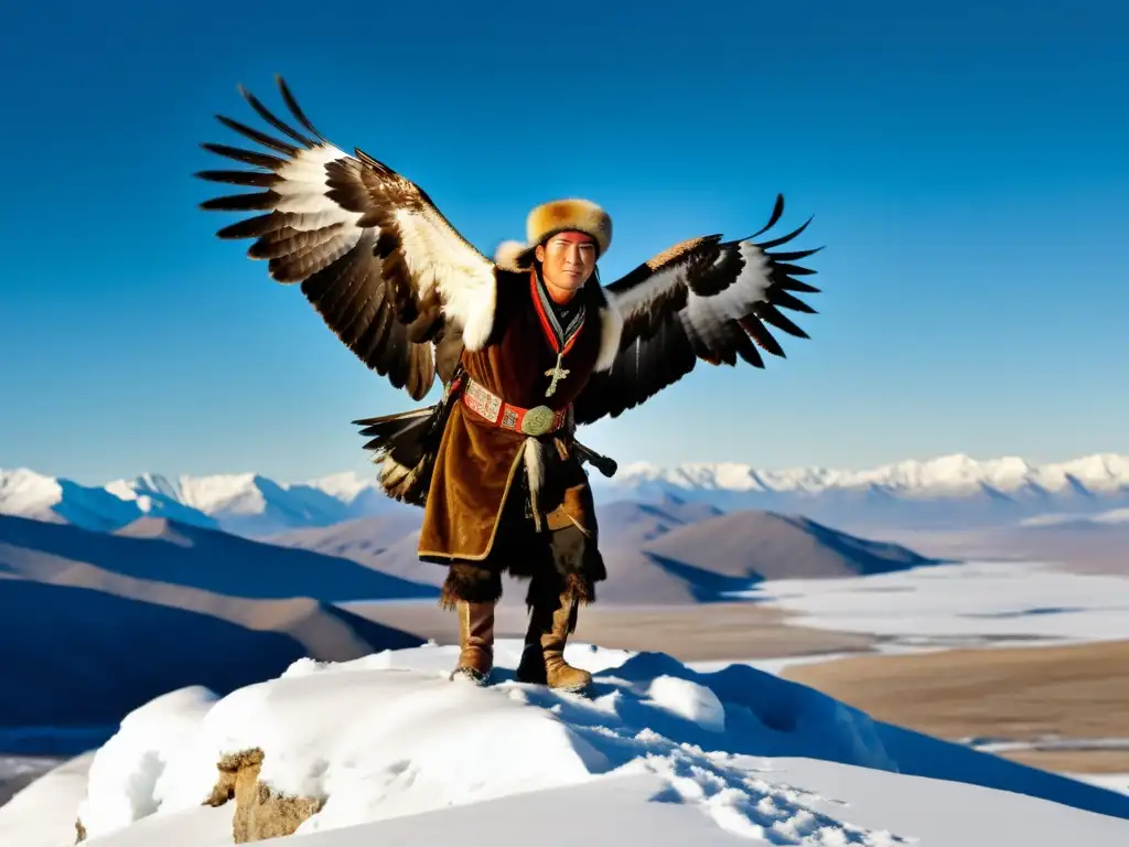 Un cazador de águilas mongol con su majestuoso águila dorada en un paisaje nevado