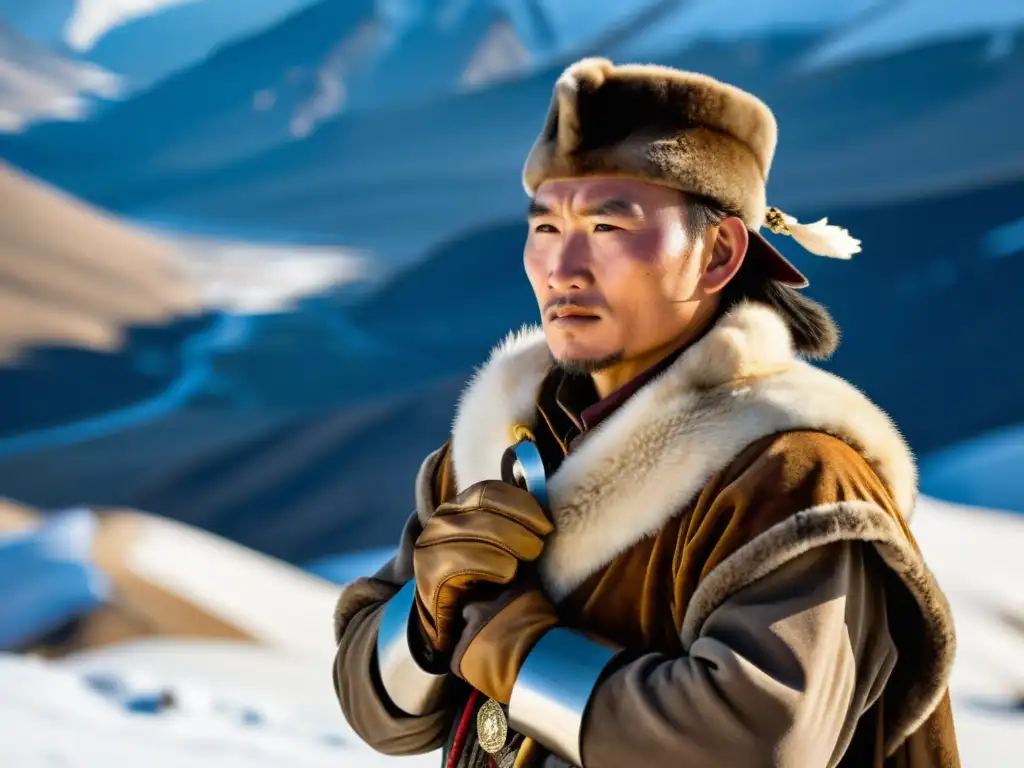 Un cazador de águilas mongol en las montañas nevadas, con su águila dorada