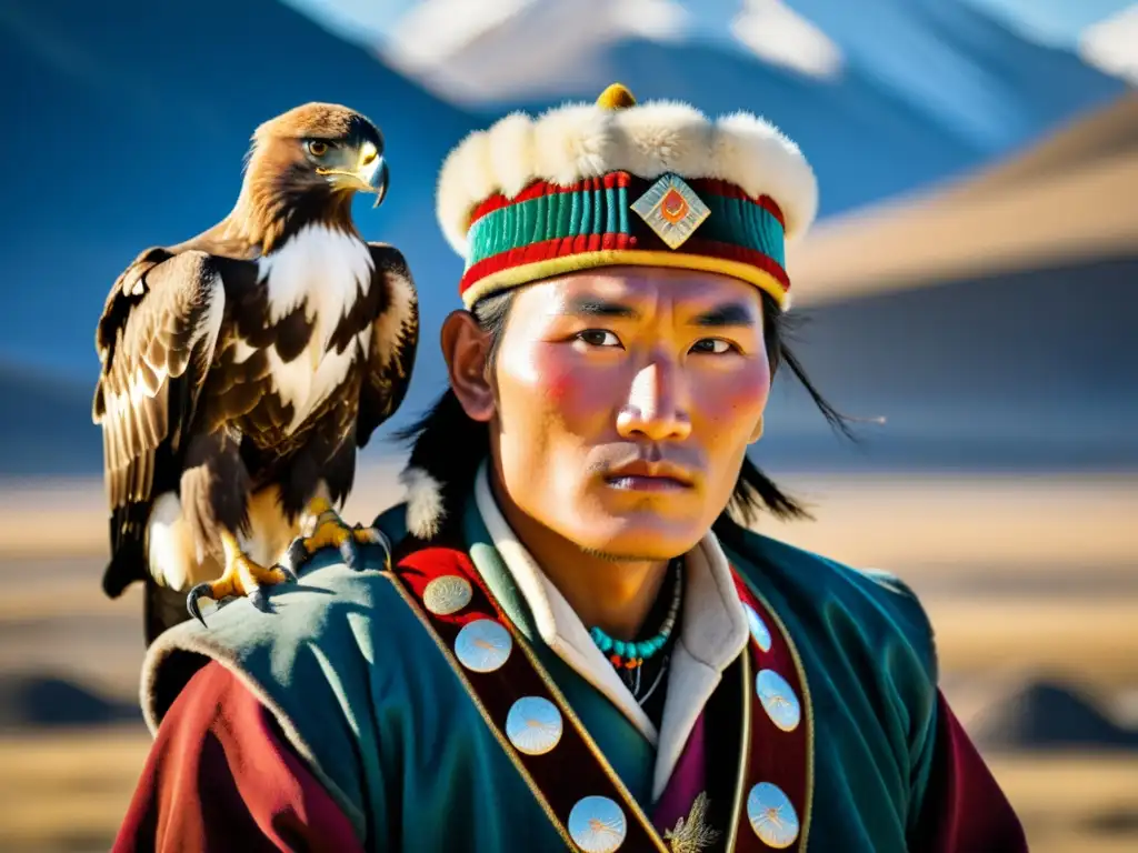 Un cazador tradicional de águilas en Mongolia posa orgulloso junto a su majestuoso águila dorada, con las imponentes montañas de Altai de fondo