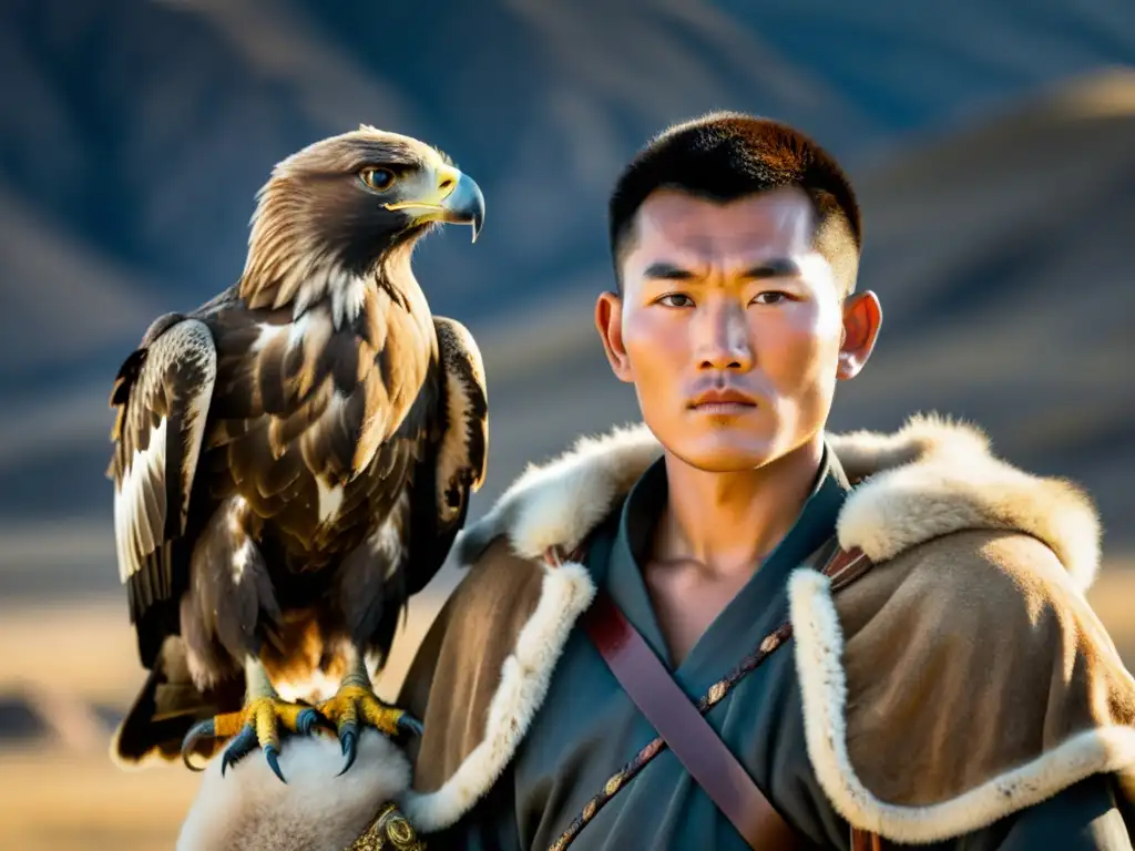 Un cazador tradicional mongol con un águila dorada en un paisaje impresionante