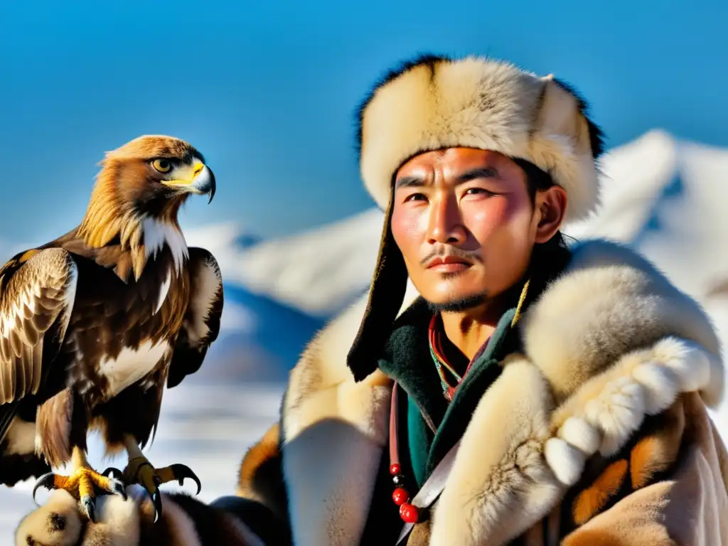 Un cazador tradicional mongol con su majestuosa águila dorada en un pico nevado