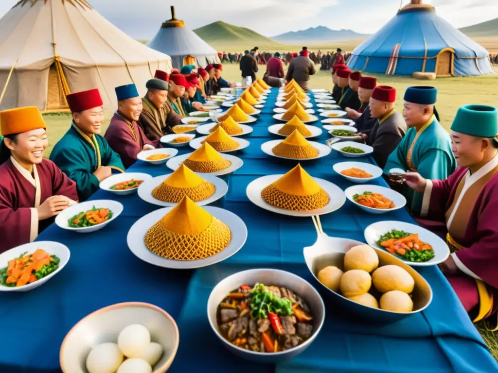 Una celebración tradicional del Imperio Mongol con mesa llena de comida y bebidas, en un ambiente festivo de tradición y alcohol