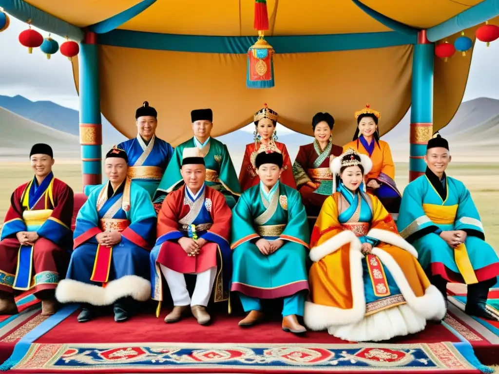 Una ceremonia de boda tradicional mongola, con alianzas estratégicas Khanes mongoles, ataviados con trajes coloridos, rodeados del paisaje mongol