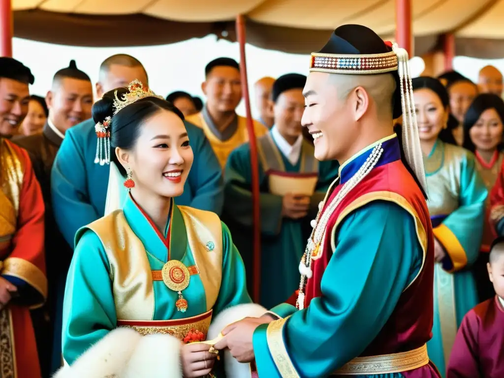 Una ceremonia de bodas tradicional mongola, con colores vibrantes y rituales ceremoniales