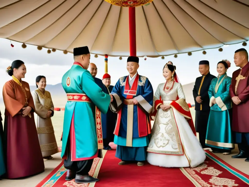 Una ceremonia de bodas tradicional mongola en Medio Oriente con alianzas matrimoniales mongolas y elementos culturales