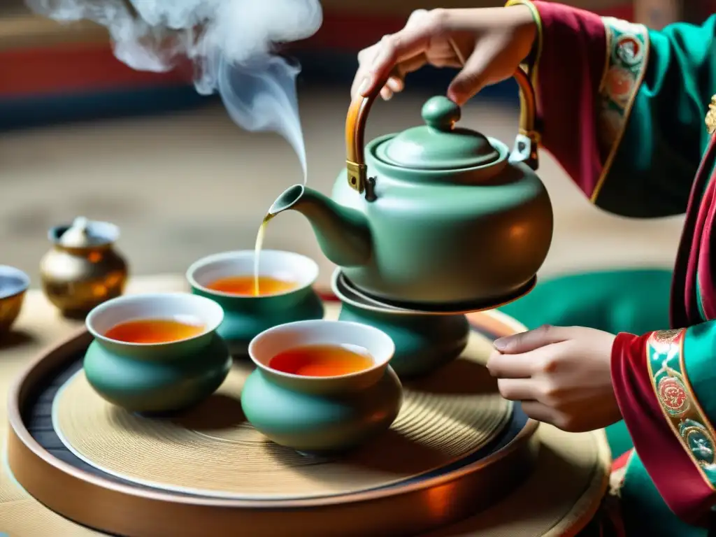 Una ceremonia del té mongol tradicional auténtico, con detalles de la tetera, tazas y manos del anfitrión sirviendo el té